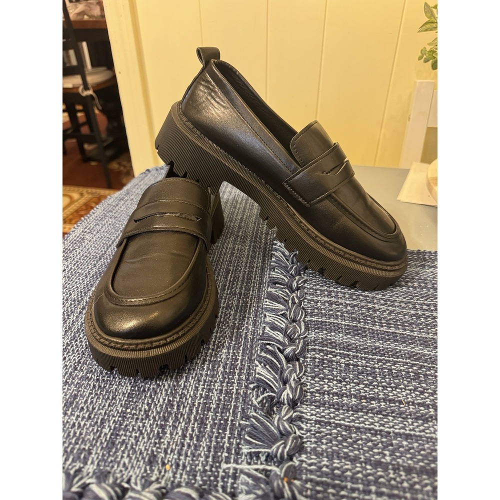 Black Chunky Platform Penny Loafers Lug Sole Slip On Shoes Womens Size 9